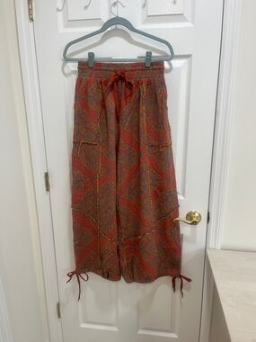 Wide Leg Paisley Drawstring Pants - Rust